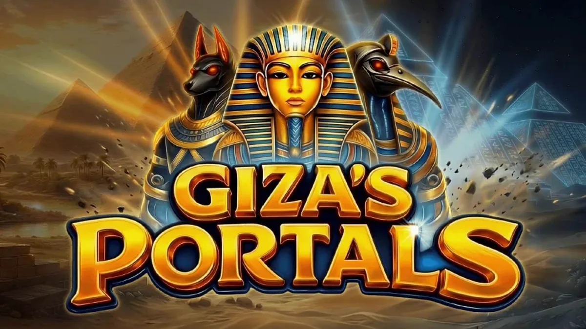 Interface do jogo de slot Giza’s Portals com cenário de pirâmides e símbolos egípcios