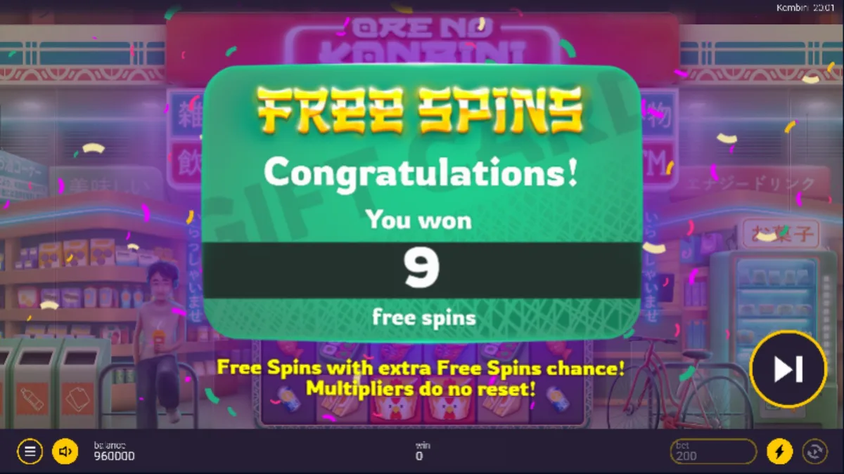 Interface vibrante e neon do jogo Ore No Konbini com símbolos de comida japonesa.