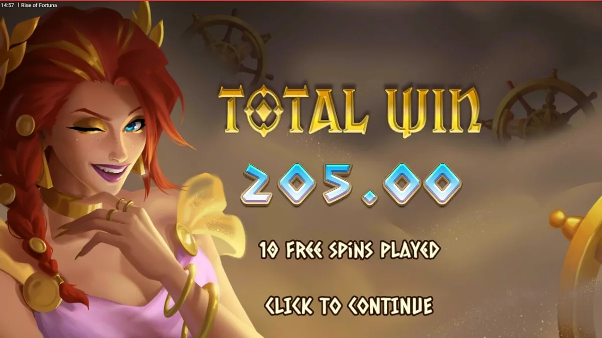 Interface do jogo de slot Rise of Fortuna com a deusa Fortuna e colunas romanas